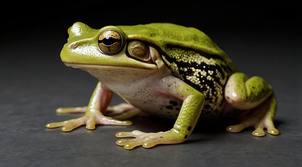 Obraz premium a portrait of a green frog jumping in an isolated black background with copy space 