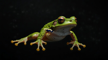 Naklejka premium a portrait of a green frog jumping in an isolated black background with copy space 