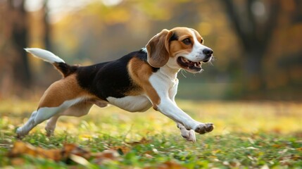 A beagle running through the grass in the park.