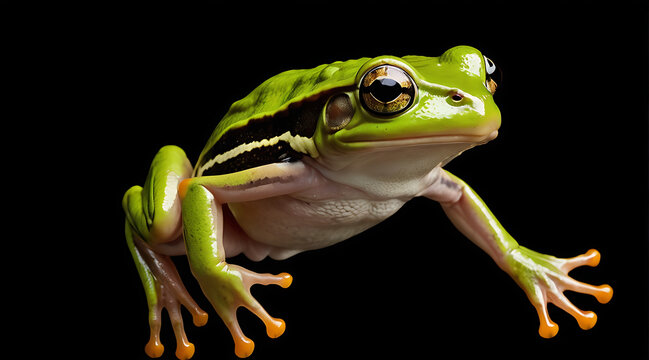 a portrait of a green frog jumping in an isolated black background with copy space

