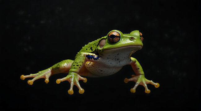 a portrait of a green frog jumping in an isolated black background with copy space
