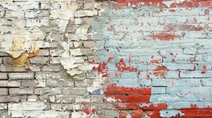 A weathered brick wall with peeling paint, adding character to an urban landscape.
