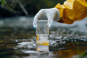 Gloved hand holding water sample flask, checking for pollution