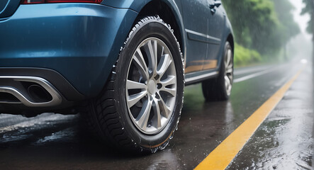 a close up of a Car tire on a wet road in rainy day, selective focus with copy space
