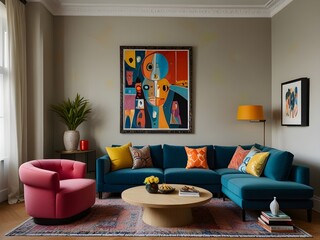 Eclectic living room with unique artwork and colorful furniture, generative AI