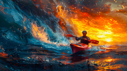 Fototapeta premium A man during a kayak slalom on a rushing river. Canoeing. Discipline of the Olympic Games
