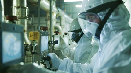 Workers in protective gear monitor gauges and monitor screens ensuring the smooth operation of the plant.