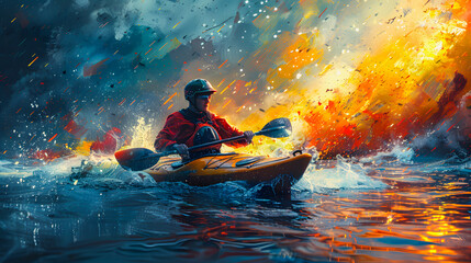 A man during a kayak slalom on a rushing river. Canoeing. Discipline of the Olympic Games
