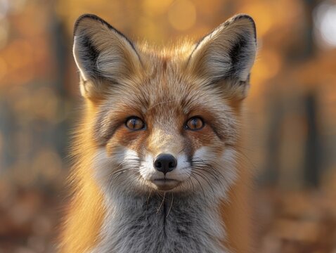 A fox is looking at the camera in the woods.