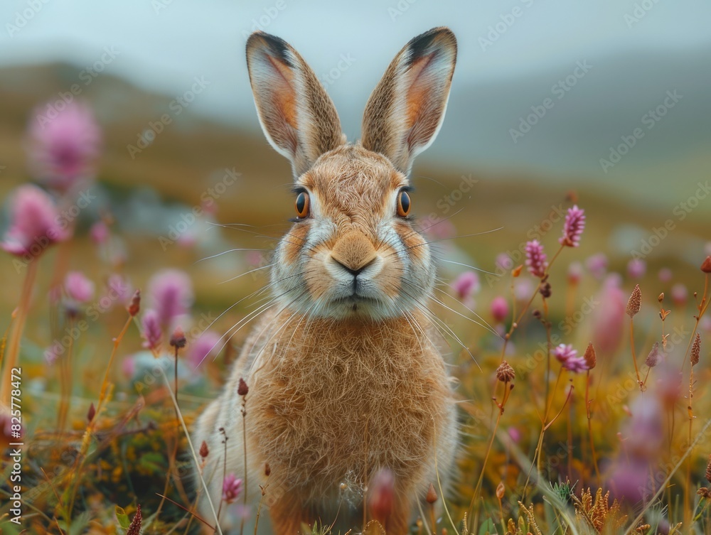 Wall mural A rabbit is standing in a field of flowers. - Wall murals