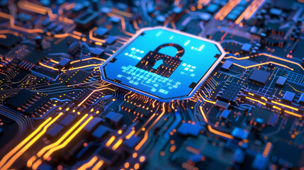 High-quality image representing EU cybersecurity directives, featuring a lock and stars symbol on a circuit board. The image illustrates the integration of EU cybersecurity regulations into digital 