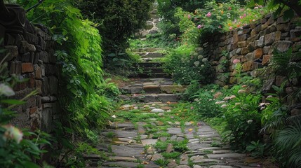 Obraz premium A worn and weathered cobblestone wall leading to a hidden garden, inviting exploration and discovery.