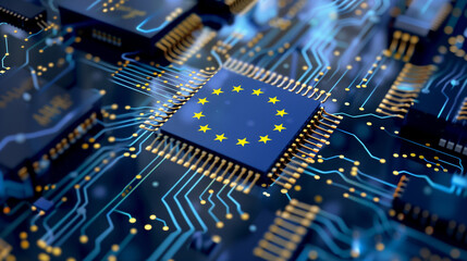 High-quality image representing EU cybersecurity directives, featuring a lock and stars symbol on a circuit board. The image illustrates the integration of EU cybersecurity regulations into digital 