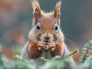 Obraz premium A squirrel eating a piece of food in the forest.