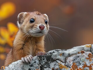 A small brown weasel is sitting on a rock.