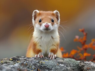 A small weasel is sitting on top of a rock.