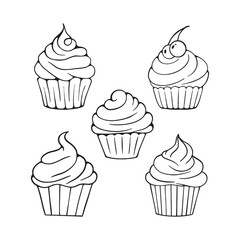 Cupcake Doodle Line Art Design. Cupcake Cartoon Illustration In Black Color