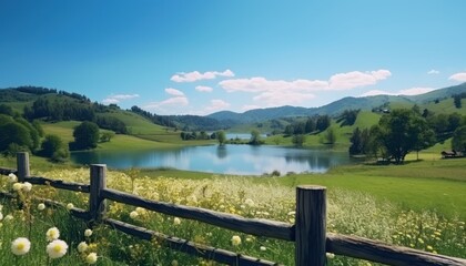 Fototapeta premium A stunning spring day landscaping views of fertile land surrounded beautiful green vegetation, wide stretches of hills and mountains with clear skies in spring