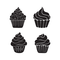 Cupcake Silhouette Design. Cupcake Cartoon Illustration In Black Color