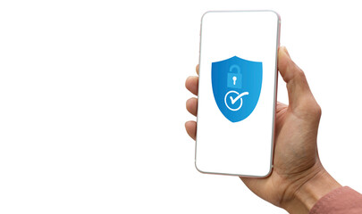 using smartphone with security, hand holding smartphone and white screen with security icon and isolated on transparent background, PNG file