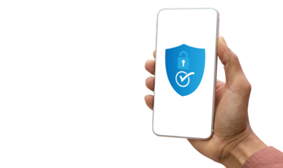 using smartphone with security, hand holding smartphone and white screen with security icon and isolated on transparent background, PNG file
