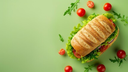 Chicken sandwich with bread, lettuce, tomato grilled for lunch copy space background