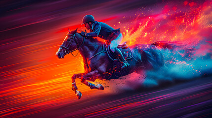 Horse riding - Equestrian competition. Olympic discipline. Abstract illustration of a rider riding a horse. A horse preparing to jump over an obstacle. Horse riding and jumping over obstacles.