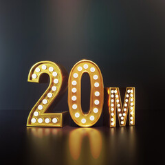 20M or twenty Million follower or subscriber banner. Luxury Gold with lighting effect for achievement, thank you and celebrate etc. social media post on black background
