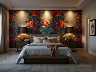 Artistic bedroom with a mural wall and unique lighting fixtures, generative AI