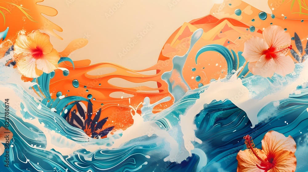 Poster summer background and banner with water, splash and waves in vector abstract shape.
