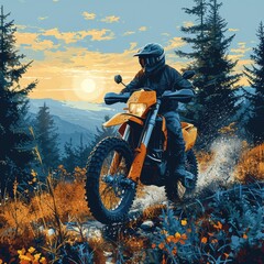 motocross on the mountain flat illustration, Memphis style, vector 2d, flat vector illustration