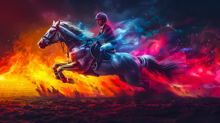 Fototapeta premium Horse riding - Equestrian competition. Olympic discipline. Abstract illustration of a rider riding a horse. A horse preparing to jump over an obstacle. Horse riding and jumping over obstacles.