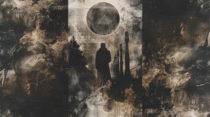 A dark and moody reinterpretation of a vinyl cover featuring eerie images and muted colors to create a haunting new piece.