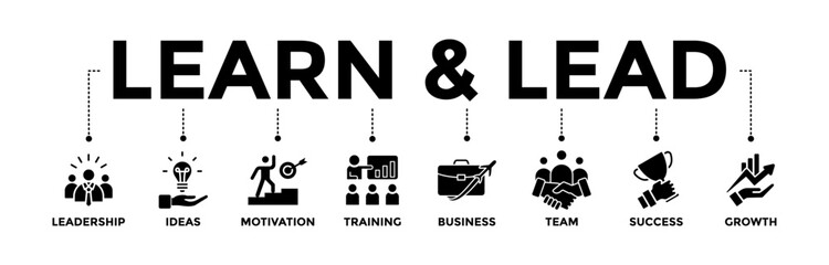 Learn and Lead banner icons set. Vector graphic glyph style with icon of leadership, ideas, motivation, training, business, team, success, and growth	