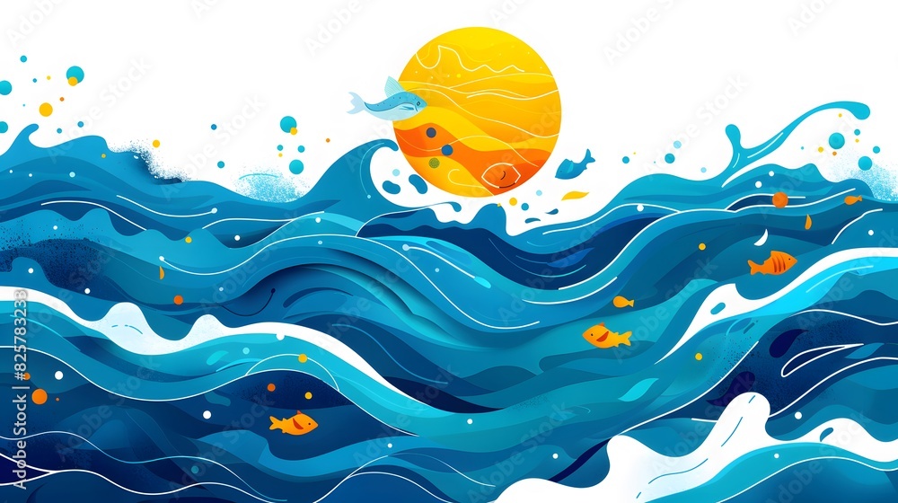 Poster summer background and banner with water, splash and waves in vector abstract shape.