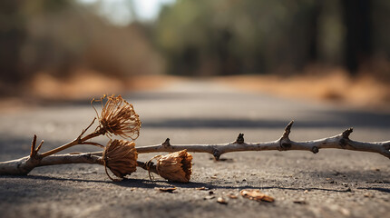 A Closeup and selectively focused image of a branch of a dried tree with a dead flower on a roadside background with copy space
