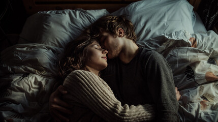 Obraz premium A young couple, a man and a woman, are lying in bed and hugging. Couple in love.