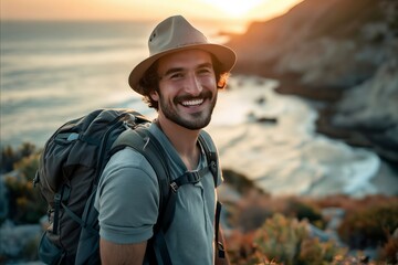 Man with backpack smiling at sunset.