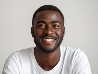 A smiling black man in a white t - shirt.