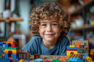 A portrait of a smiling Caucasian boy with curly hair wearing a blue t-shirt playing with Legos. Created with Ai