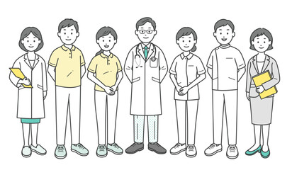 地域の社会福祉を支える医師と看護師と介護士とケアマネージャーが集合した全身イラスト