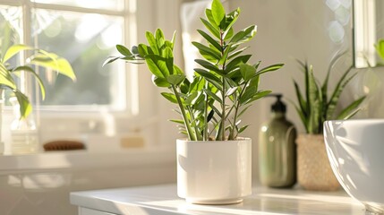 ZZ or zamia plant in a white pot on a bathroom counter