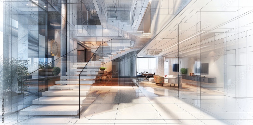 Poster drawing depicting a vast living area highlighted by an overhead, pendulum-style clock. distinctive, 