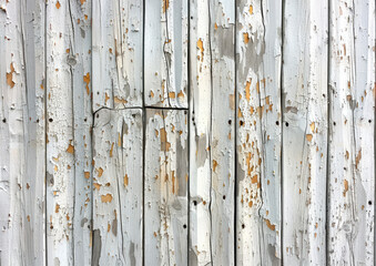 A closeup of an old white wooden fence with peeling paint. Created with Ai