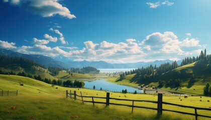 A stunning spring day landscaping views of fertile land surrounded beautiful green vegetation, wide stretches of hills and mountains with clear skies in spring