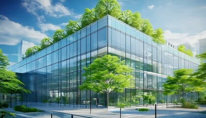 Fototapeta premium Urban skyscraper with a landscaped rooftop featuring trees and plants.Eco-friendly building design with a rooftop garden showcasing trees. Office building modern background 