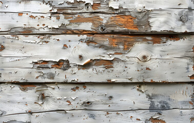 A detailed texture of weathered, peeling white paint on an old wooden wall. Created with Ai