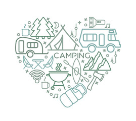 Camping line icons set. Vector illustration in the heart shape
