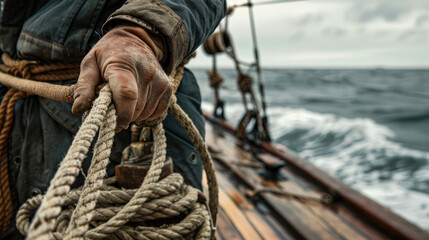 Obraz premium Fisherman Handling Rope on Sailboat's Weathered Deck