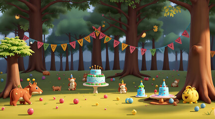 Close up of a birthday cake along with few gifts placed around it in a forest background including trees, green grass in the background with copy space, selective focus on cake
